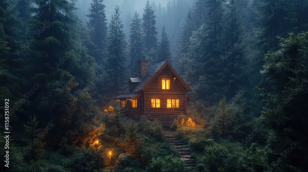 A cozy wooden house nestled in a dense forest, surrounded by tall pine trees, glowing warm lights from the windows, A cozy wooden house nestled in a dense forest, surrounded by tall pine trees, glowing warm lights from the windows,