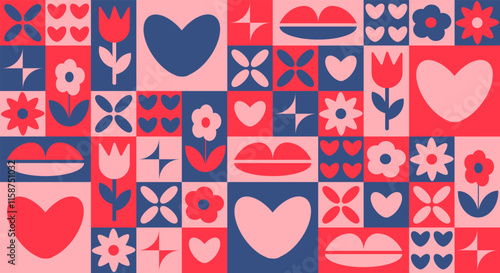 Abstract Valentines Day banner with geometric hearts, flowers, tulips, and abstract shapes in red, pink, and navy blue. Vector background for Black history month illustrations