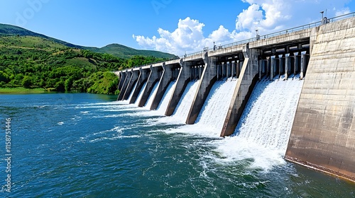 Scenic View of a Dam with Water Flowing into a Serene Lake photo