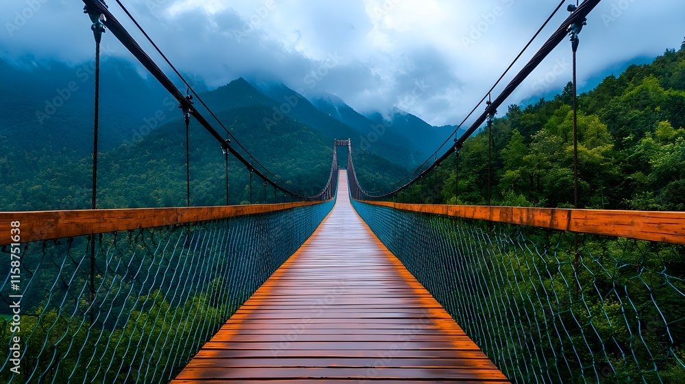 Obraz premium Misty Suspension Bridge in a Lush Mountain Landscape