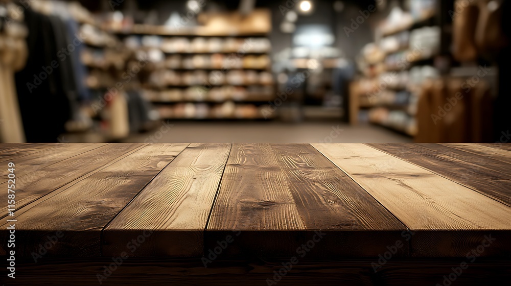 Empty wooden table top with blurred shop background. Empty wooden table top with blurred shop background.