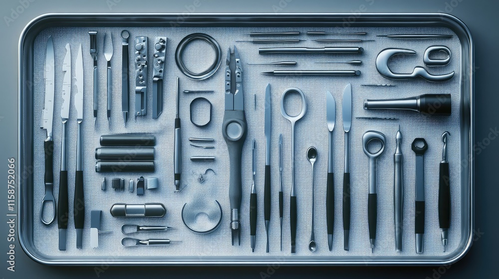 A detailed surgical tool set arranged neatly on a sterile tray, 8k, realistic, full ultra HD, high resolution, cinematic photography A detailed surgical tool set arranged neatly on a sterile tray, 8k, realistic, full ultra HD, high resolution, cinematic photography