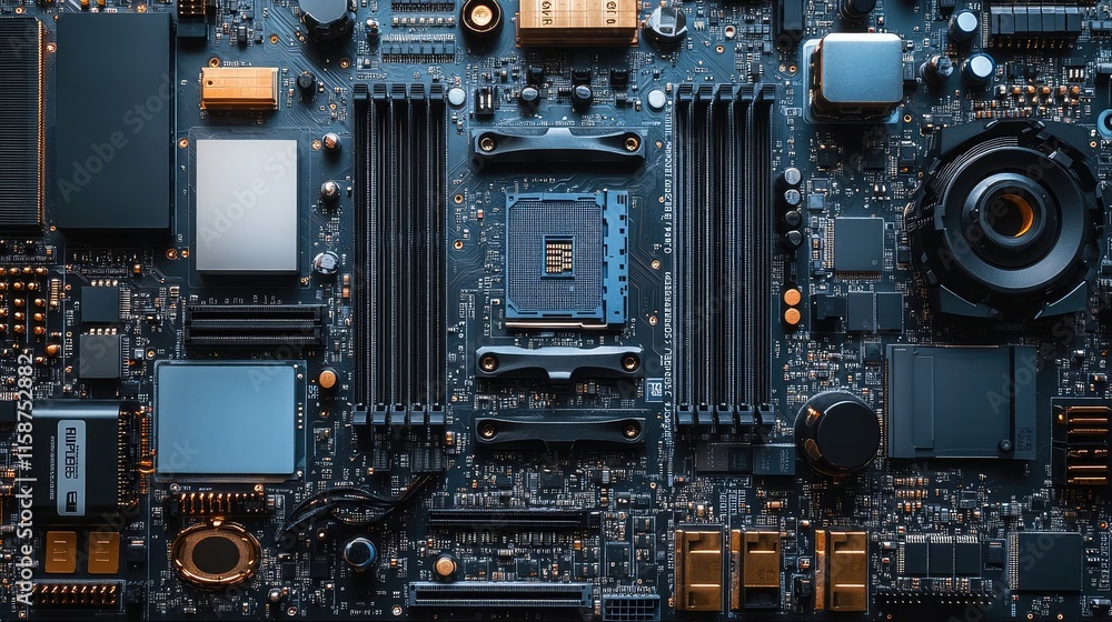 A dismantled laptop motherboard with RAM sticks and cooling components arranged alongside, 8k, realistic, full ultra HD, high resolution, cinematic photography A dismantled laptop motherboard with RAM sticks and cooling components arranged alongside, 8k, realistic, full ultra HD, high resolution, cinematic photography