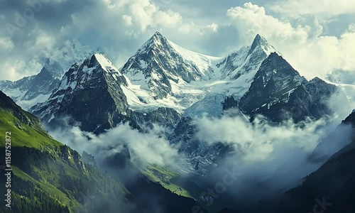 Wallpaper Mural Majestic Snow-Capped Mountains Enveloped in Misty Clouds Torontodigital.ca