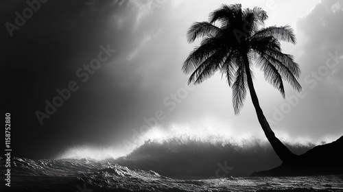 Dramatic black and white image of a lone palm tree silhouetted against a stormy ocean with large waves crashing on the shore.