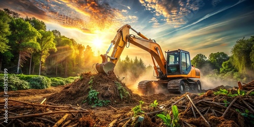 Backhoe Brush Cleaning: Powerful Machine Medium Shot Images