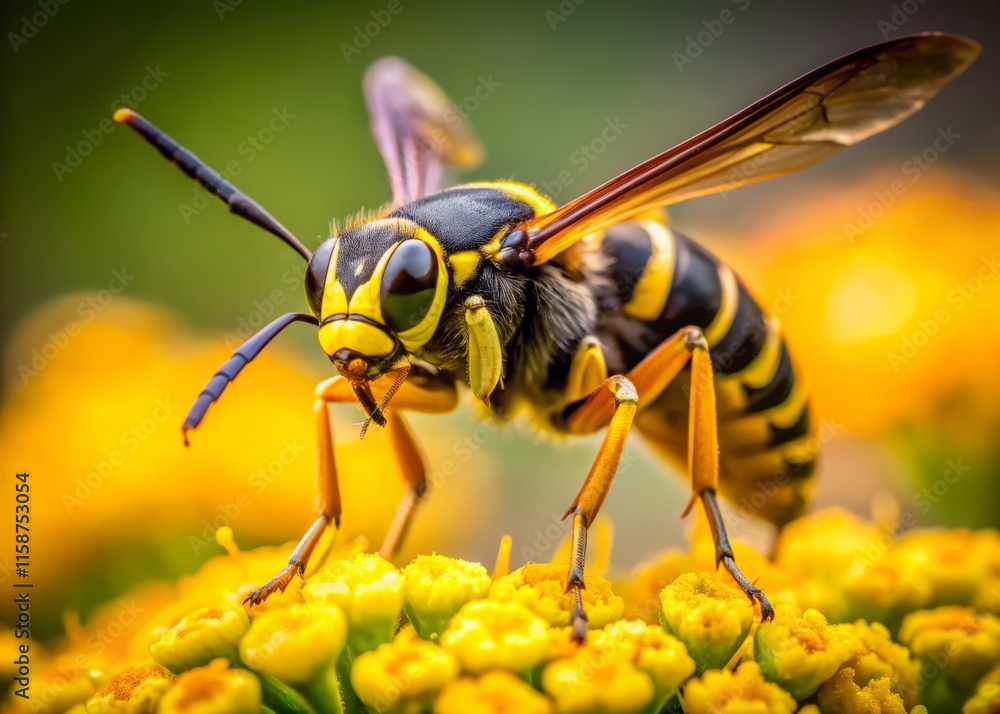 Bembex Wasp Close Up on Yellow Flower - Wide Angle Macro Photography Bembex Wasp Close Up on Yellow Flower - Wide Angle Macro Photography