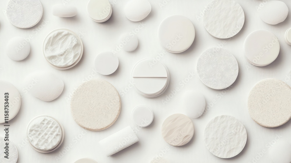 A flat lay of cleansing balms, toners, and cotton pads arranged in a geometric pattern, 8k, realistic, full ultra HD, high resolution, cinematic photography A flat lay of cleansing balms, toners, and cotton pads arranged in a geometric pattern, 8k, realistic, full ultra HD, high resolution, cinematic photography