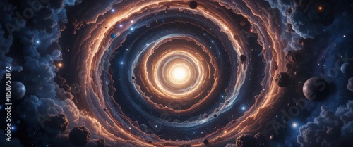 Cosmic spiral vortex surrounded by celestial bodies and glowing stars. photo