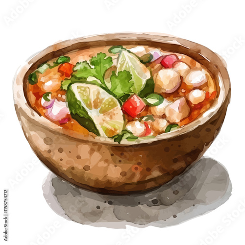 A watercolor illustration of Mexican pozole with pork and hominy, isolated on a white background. Pozole vector.
