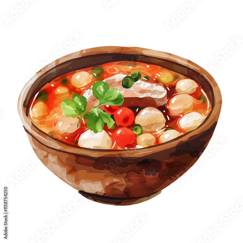 A watercolor painting of Mexican pozole with pork and hominy, isolated on a white background. Pozole vector.
