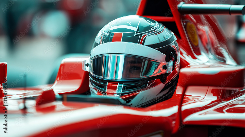 Close-up of a Formula 1 driver wearing a reflective helmet inside a red race car. Emphasizes speed, competition, and professional motorsports in a dynamic setting. Close-up of a Formula 1 driver wearing a reflective helmet inside a red race car. Emphasizes speed, competition, and professional motorsports in a dynamic setting.