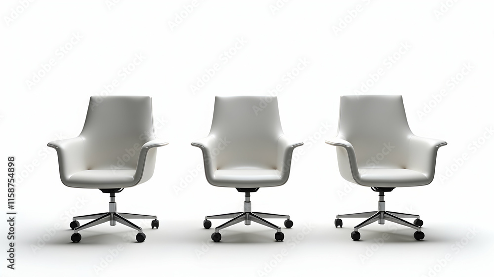 Three sleek, white office chairs arranged in a row against a stark white background. Modern design, minimalist aesthetic. Three sleek, white office chairs arranged in a row against a stark white background. Modern design, minimalist aesthetic.