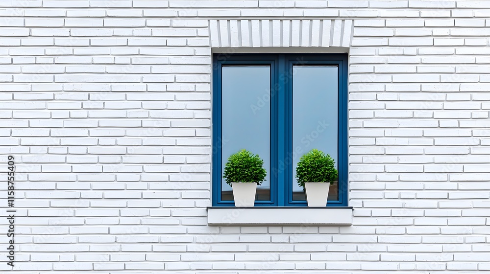 Modern White Brick Wall with Blue Windows and Green Plants Decoration Modern White Brick Wall with Blue Windows and Green Plants Decoration