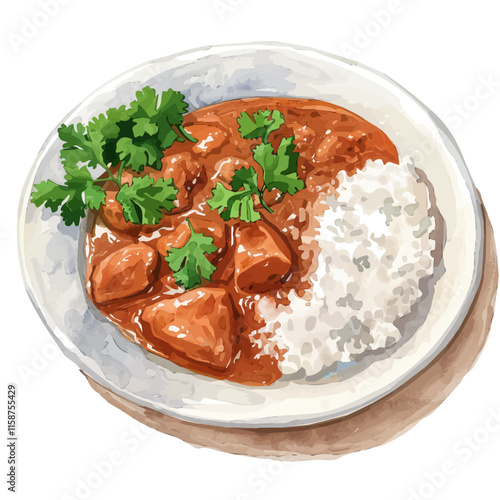 A watercolor painting of Mexican mole with chicken and rice, isolated on a white background. Mole vector.
