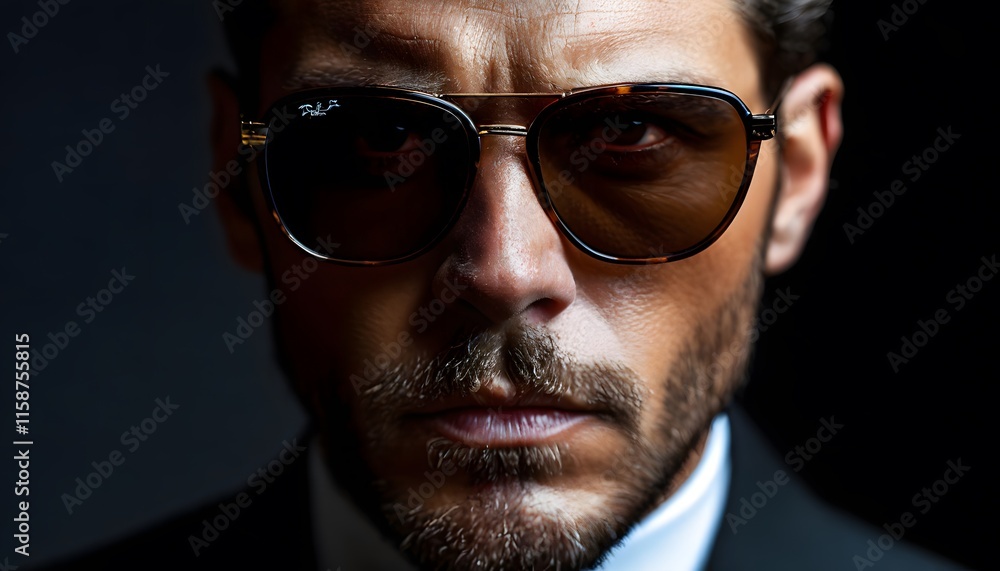 Intense man wearing sunglasses, serious expression, formal attire, close-up portrait, dramatic lighting. Intense man wearing sunglasses, serious expression, formal attire, close-up portrait, dramatic lighting.