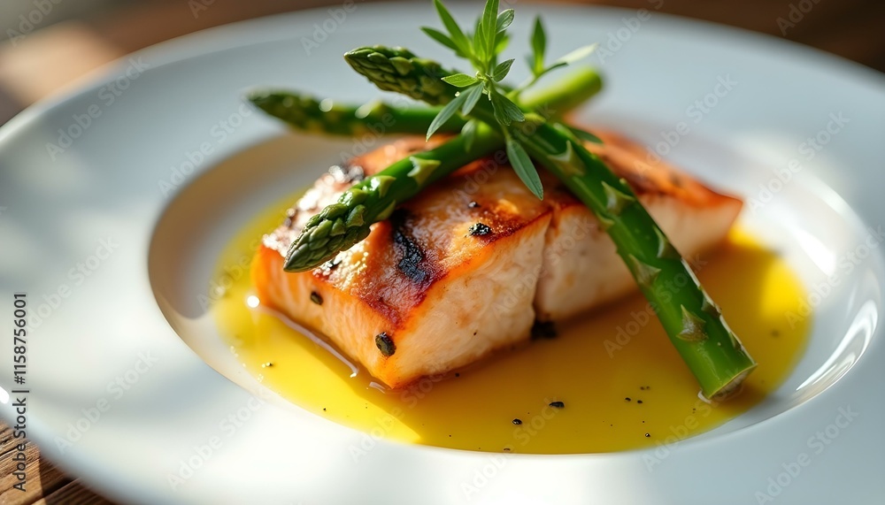 a close-up of a beautifully arranged gourmet plate featuring grilled salmon, vibrant green asparagus, and a drizzle of lemon sauce on a white porcelain plate a close-up of a beautifully arranged gourmet plate featuring grilled salmon, vibrant green asparagus, and a drizzle of lemon sauce on a white porcelain plate
