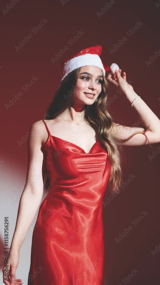 Sexy happy woman with long hair in New Year's hat and red dress posing on white background at New Year's party style photo shoot Sexy happy woman with long hair in New Year's hat and red dress posing on white background at New Year's party style photo shoot