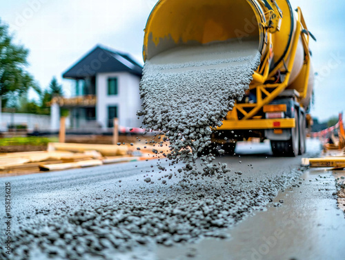 Concrete construction. Concrete mixer pouring asphalt on construction site near a house. photo