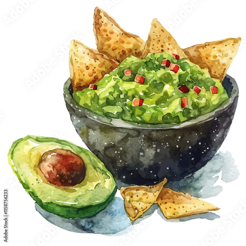 A watercolor drawing of Mexican guacamole with tortilla chips, isolated on a white background. Guacamole vector.
