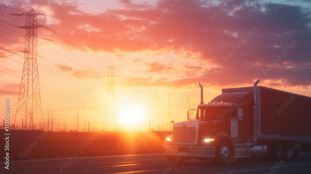 truck drives along highway at sunset, surrounded by power lines and vibrant sky. scene captures essence of transportation and energy truck drives along highway at sunset, surrounded by power lines and vibrant sky. scene captures essence of transportation and energy