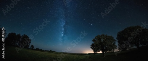 Starry night sky over a countryside landscape with trees and a glowing horizon.