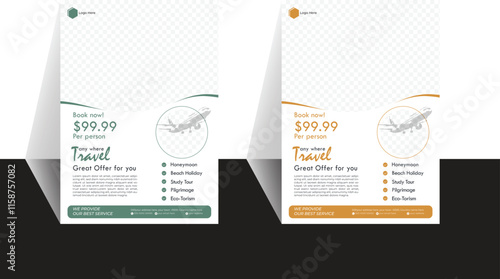 Travel poster or flyer pamphlet brochure design layout space for photo background. Green and orange  flyer template for travel agency