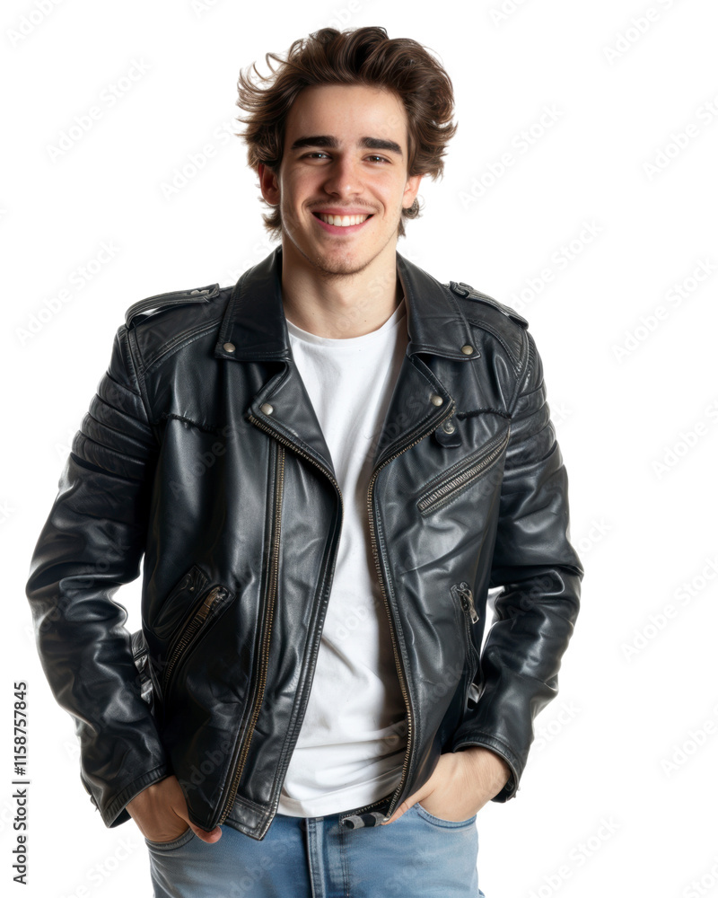 Young Man in Black Leather Jacket Isolated on Transparent Background Young Man in Black Leather Jacket Isolated on Transparent Background