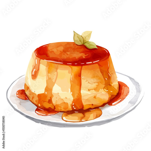 A watercolor of Mexican flan with caramel sauce and vanilla, isolated on a white background. Flan vector.
