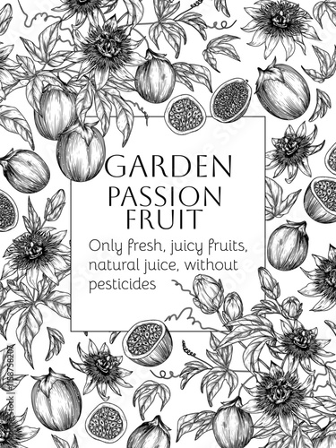 Vector frame with passion fruit tree and slice, piece, half of fruit in engraving style	