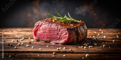 Fototapeta Naklejka Na Ścianę i Meble -  A tenderloin steak on a wooden table against a dark background, steak, meat,  steak, meat,tenderloin, gastronomy