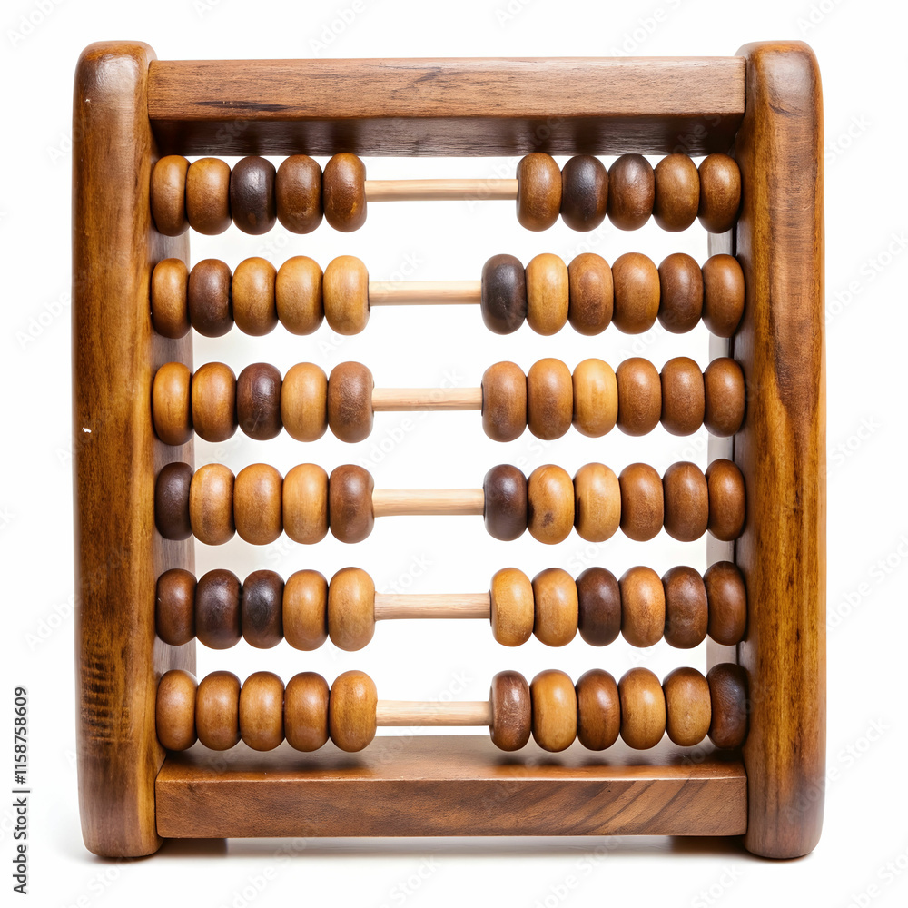An old wooden abacus with colorful beads, set against a white background, ideal for historical, educational, An old wooden abacus with colorful beads, set against a white background, ideal for historical, educational,