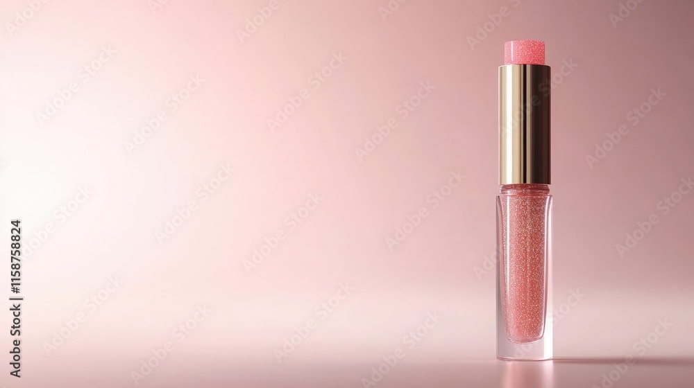 Obraz premium A luxury lip gloss tube with shimmering product inside, placed against a neutral background, 8k, realistic, full ultra HD, high resolution, cinematic photography