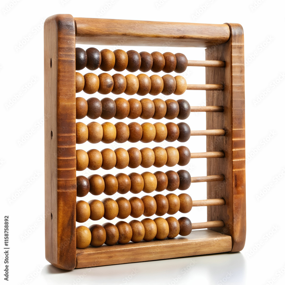An old wooden abacus with colorful beads, set against a white background, ideal for historical, educational, An old wooden abacus with colorful beads, set against a white background, ideal for historical, educational,