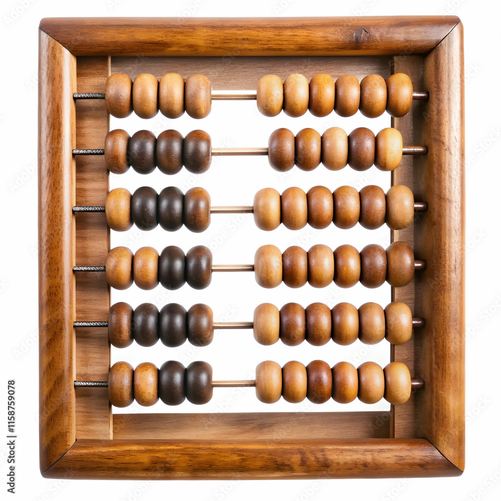 An old wooden abacus with colorful beads, set against a white background, ideal for historical, educational, An old wooden abacus with colorful beads, set against a white background, ideal for historical, educational,