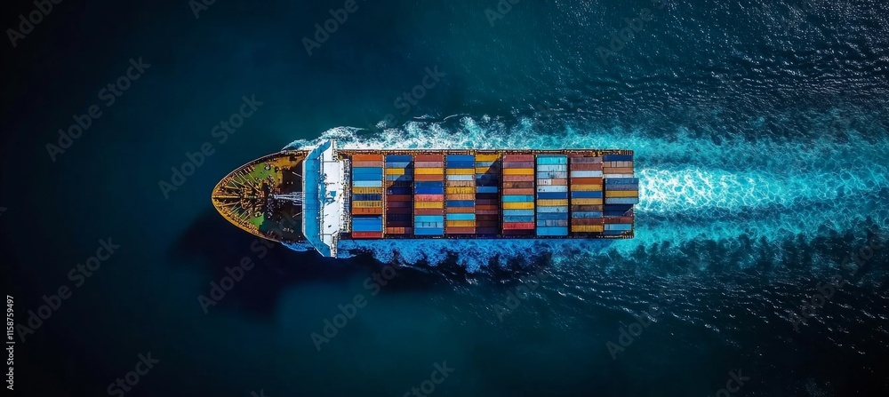 Fototapeta premium Aerial View of Cargo Ship with Colorful Containers, Global Trade, and Maritime Logistics at Sea.