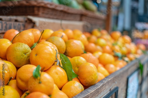 Fresh tangerines on a street market stall in Barcelona, Spain.