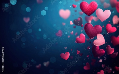 Bold navy blue background with glowing pink and red hearts floating elegantly for valentines day photo