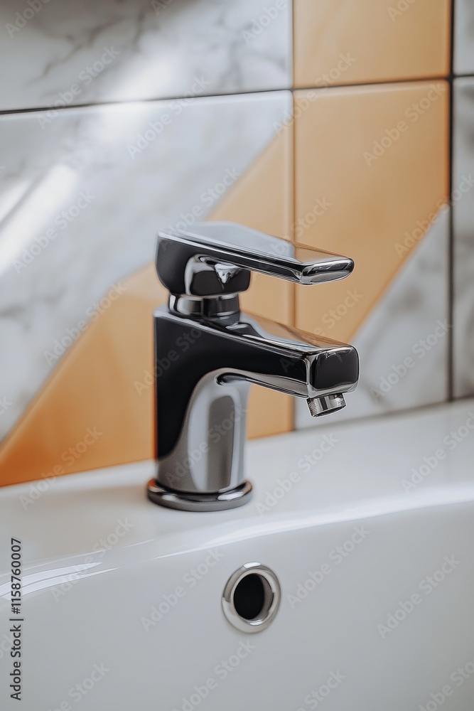 Modern Chrome Bathroom Faucet Mounted on a White Sink with a Stylish Tiled Wall Background. Modern Chrome Bathroom Faucet Mounted on a White Sink with a Stylish Tiled Wall Background.