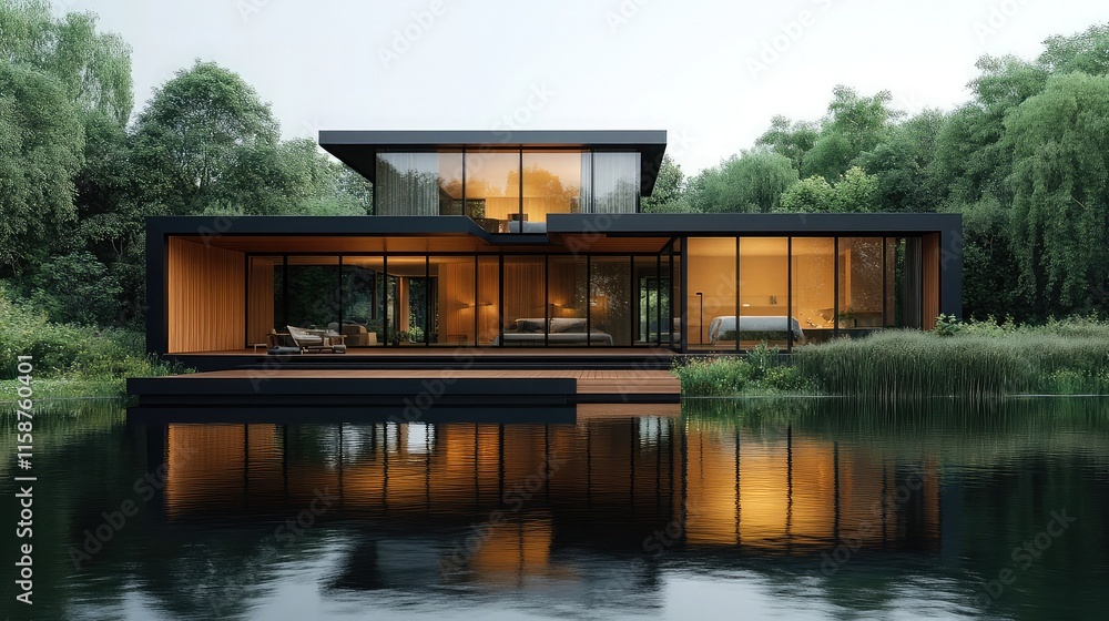 A minimalist cube-shaped 3D house with a wooden facade and large windows overlooking a tranquil lake, A minimalist cube-shaped 3D house with a wooden facade and large windows overlooking a tranquil lake,
