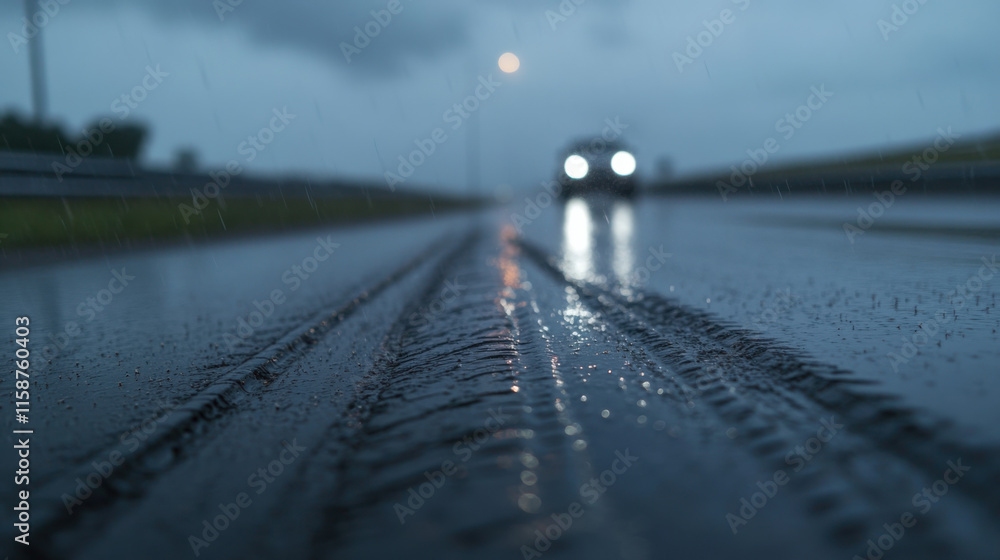 close up view of tire tracks on wet road, showcasing rain droplets and reflections. scene captures moody atmosphere with car approaching in distance close up view of tire tracks on wet road, showcasing rain droplets and reflections. scene captures moody atmosphere with car approaching in distance