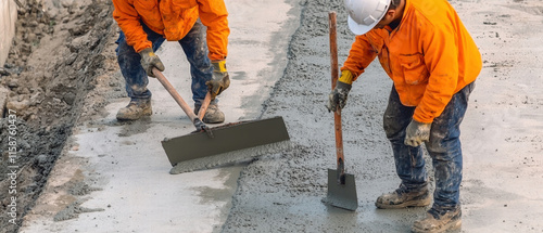 Concrete construction. Workers pouring concrete on a construction site with tools. photo