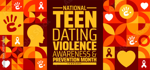 National Teen Dating Violence Awareness and Prevention Month geometric shape pattern background banner or poster design template with ribbon, hand and love icon. observed every year in February.