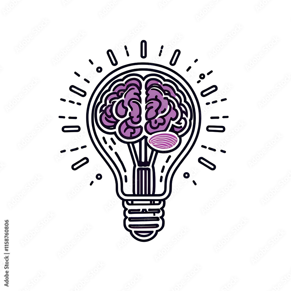 The image is a graphic illustration of a light bulb with a pink brain inside it. The brain is in the center of the light bulb and is surrounded by a black background. The image is a graphic illustration of a light bulb with a pink brain inside it. The brain is in the center of the light bulb and is surrounded by a black background.