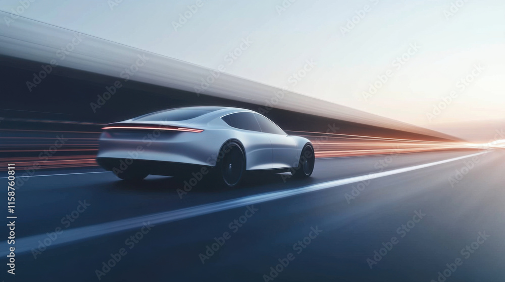 Futuristic car accelerating on glowing road, showcasing speed and innovation. sleek design and dynamic motion evoke sense of excitement and modernity Futuristic car accelerating on glowing road, showcasing speed and innovation. sleek design and dynamic motion evoke sense of excitement and modernity