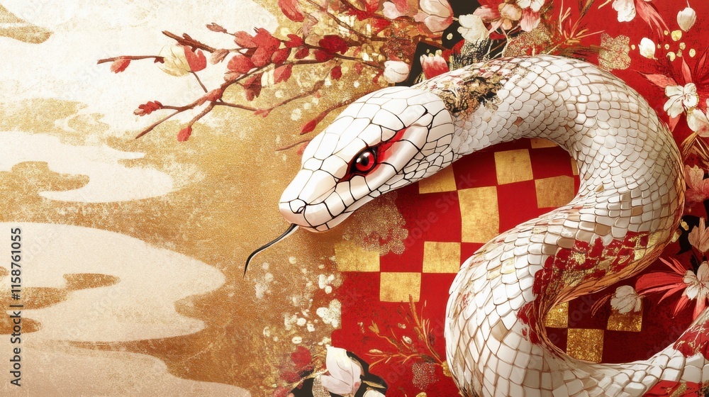Obraz premium Snake-themed Japanese New Year card, traditional paper