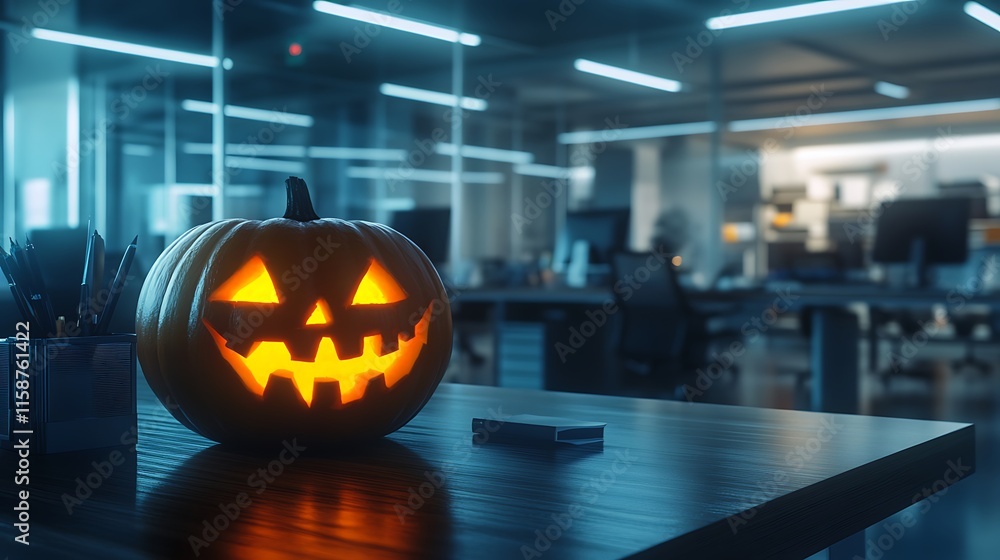 Illuminated jack-o'-lantern on modern office desk. Illuminated jack-o'-lantern on modern office desk.
