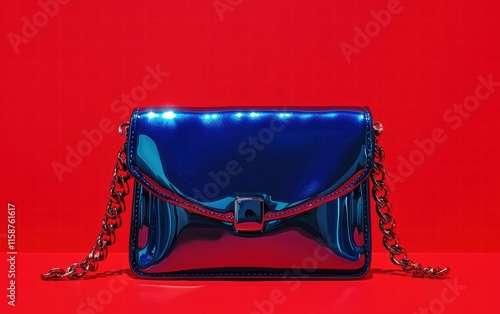 Glossy cobalt blue clutch with chain accents gently levitating against a vibrant red background