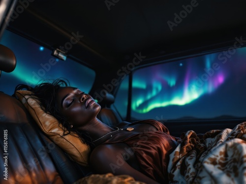 Young woman sleeping in car with northern lights visible through window