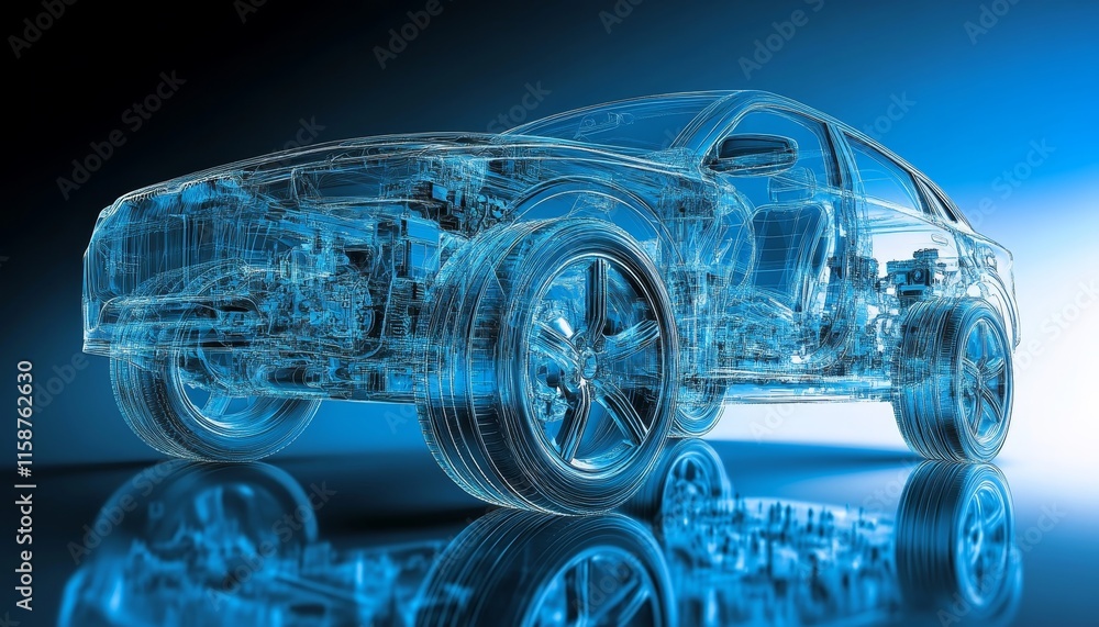 Fototapeta premium X-ray View Modern Car Blueprint With Exposed Engine And Interior, Automotive Engineering Concept.